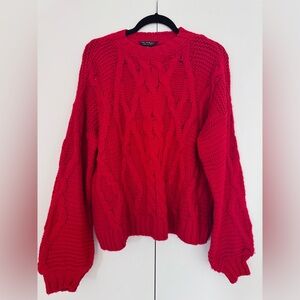 Miss Selfridge Red Crew Neck Sweater with Cable Knit